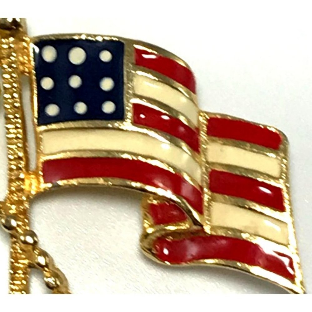 Vintage Gold Tone and Enamel Patriotic American Flag Brooch w/ Yellow Ribbon - Picture 2 of 3